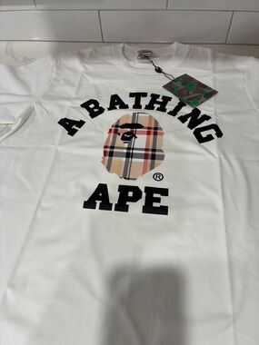 A BATHING APE Crewneck Logo Tee - White with Classic Check Ape Motif